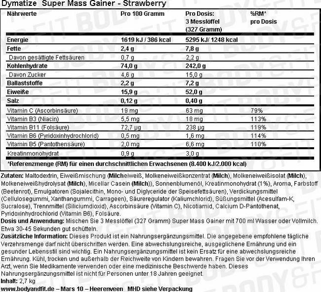 Super Mass Gainer Nutritional Information 1