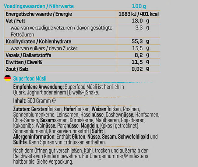 Superfood Müsli Nutritional Information 1