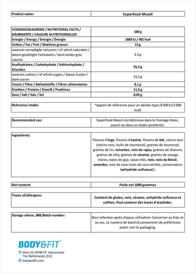 Superfood Muesli Nutritional Information 1