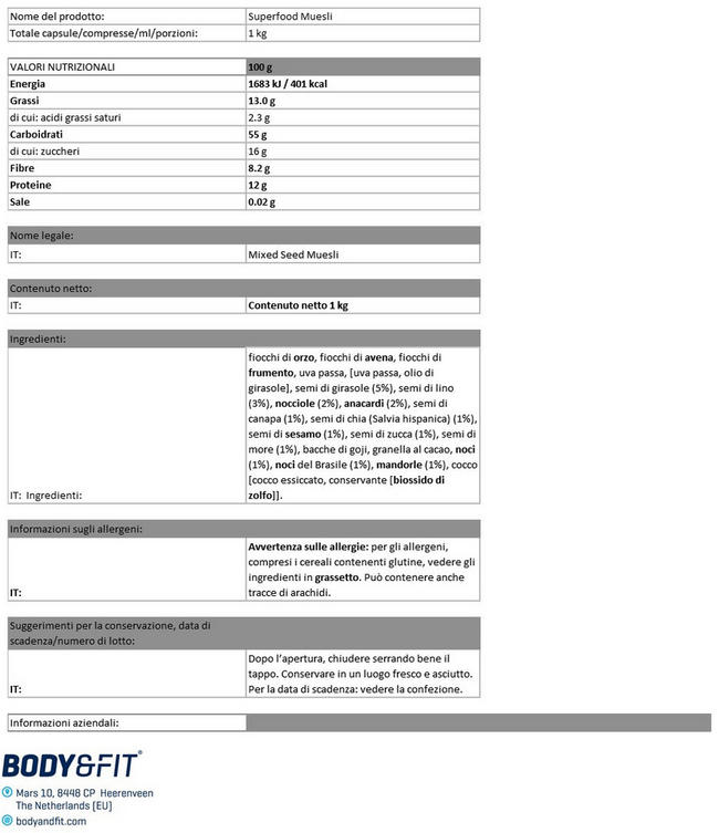 Superfood Muesli Nutritional Information 1