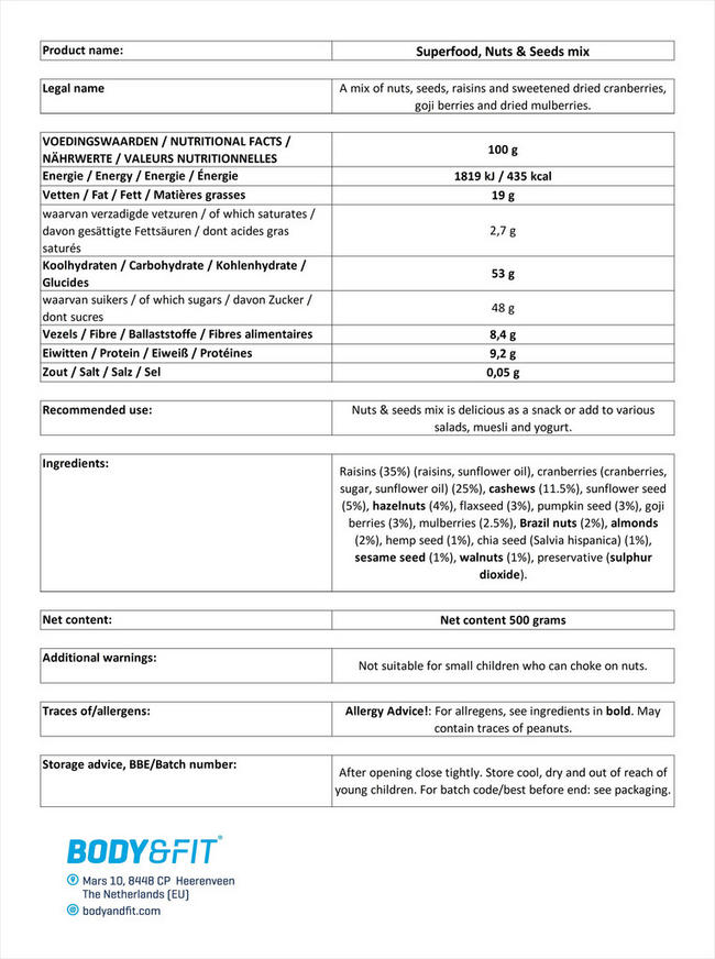 Superfood, Nuts and Seeds Mix Nutritional Information 1