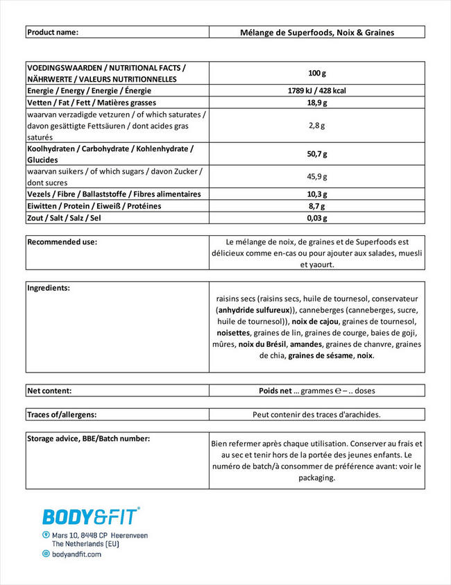 Mélange de noix et de graines Superfood, Nuts and Seeds Mix Nutritional Information 1