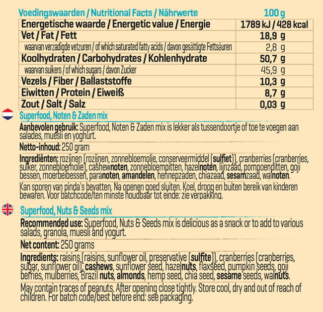 Superfood, Noten & Zaden Mix Nutritional Information 1