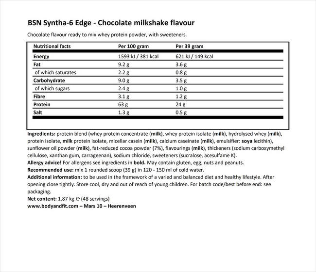 Syntha-6 Edge Nutritional Information 1