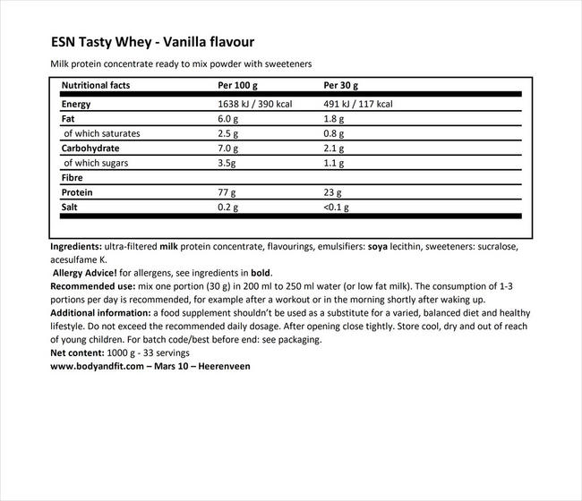 Tasty Whey Nutritional Information 1