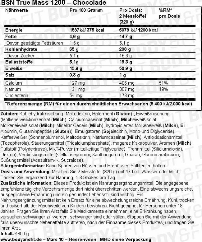 True Mass 1200 Nutritional Information 1
