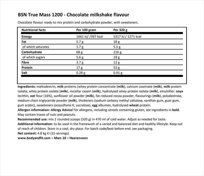 True Mass 1200 Nutritional Information 1