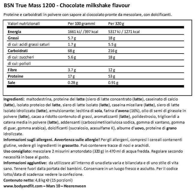 True Mass 1200 Nutritional Information 1