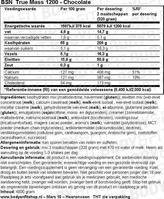 True Mass 1200 Nutritional Information 1