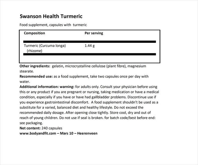 Turmeric 720 mg Nutritional Information 1