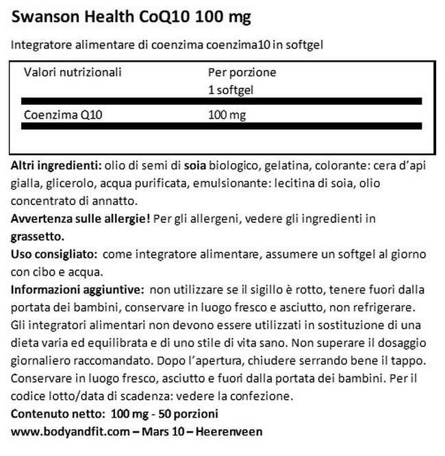 Ultra CoQ10 100 mg Nutritional Information 1