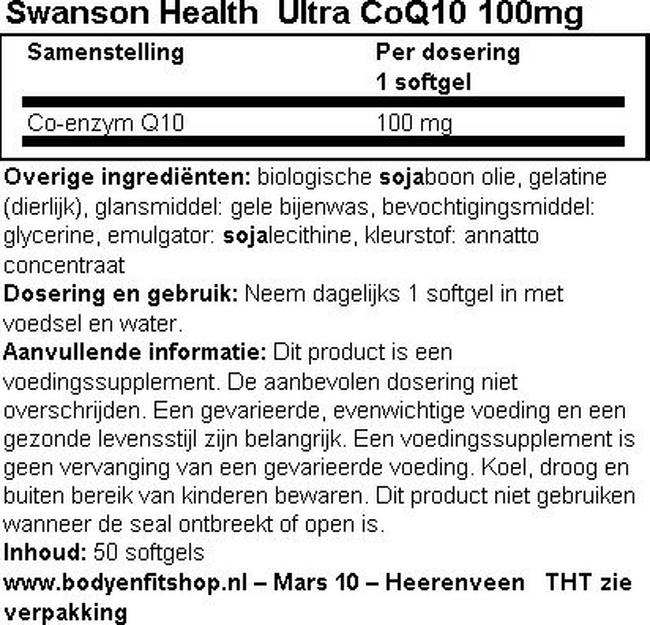 Ultra CoQ10 100mg Nutritional Information 1