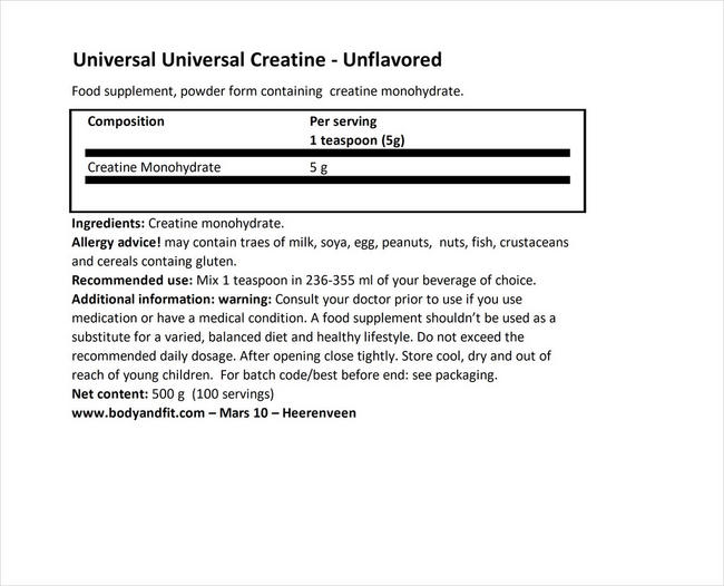 Animal Creatine Powder Nutritional Information 1