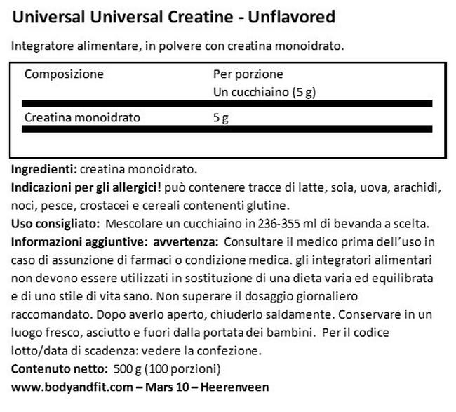 Universal Creatine Nutritional Information 1