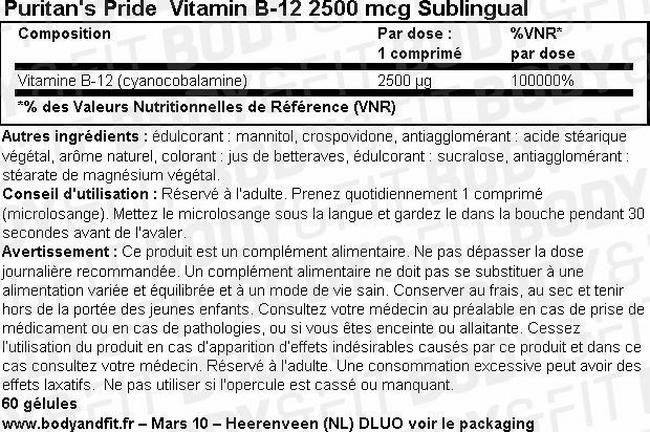 Vitamin B-12 2500 mcg Sublingual Nutritional Information 1
