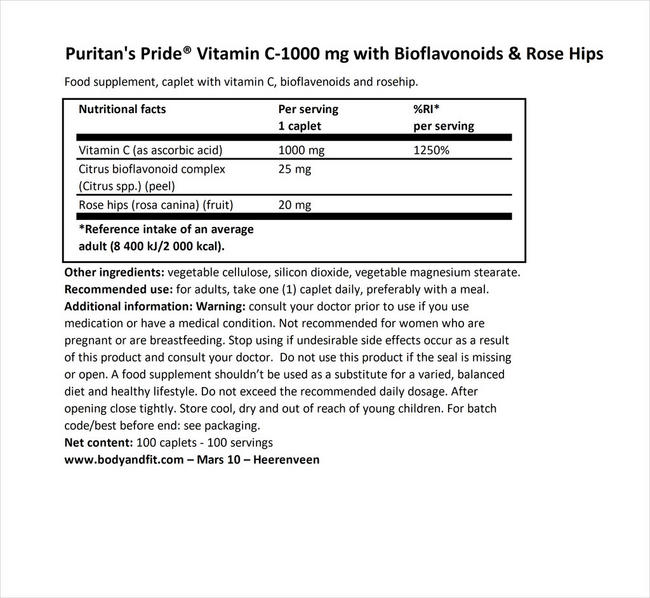 Vitamin C-1000 mg with Bioflavonoids & Rose Hips Nutritional Information 1