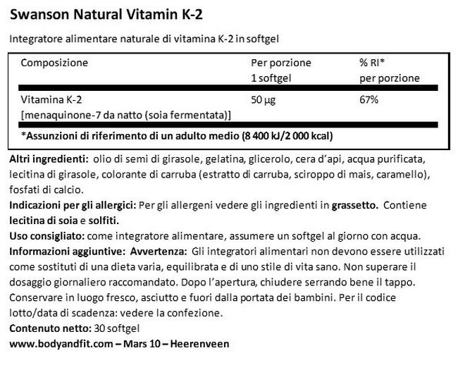 Vitamina K2 (MENAQ7) 50 ΜG Nutritional Information 1