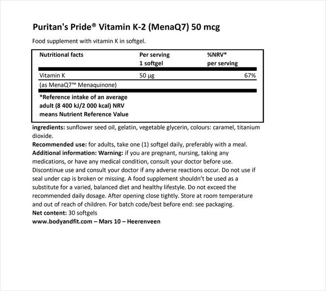 ビタミンK-2（MenaQ7）50µg Nutritional Information 1