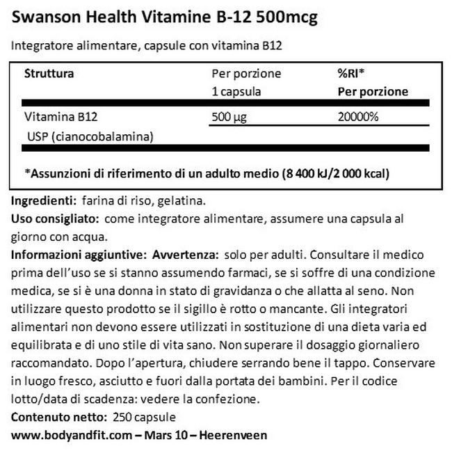 Vitamin B12 500 µg Nutritional Information 1
