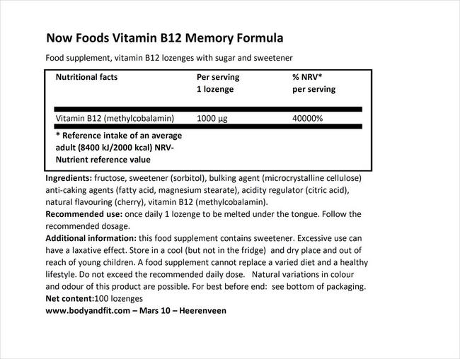 Vitamin B12 1000µg Nutritional Information 1