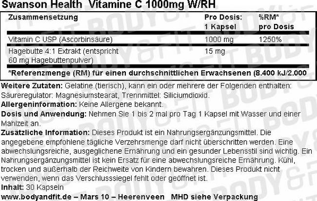Vitamine C 1000mg W/RH Nutritional Information 1