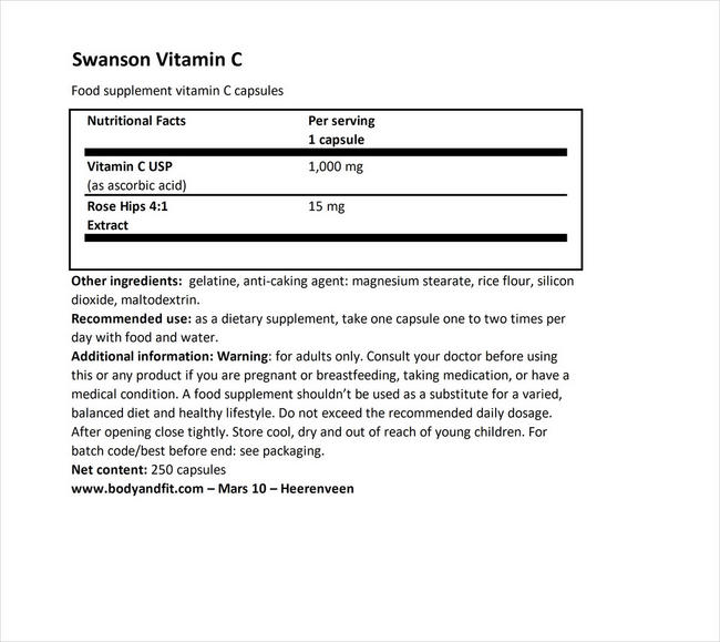 Vitamin C 1000mg W/RH Nutritional Information 1