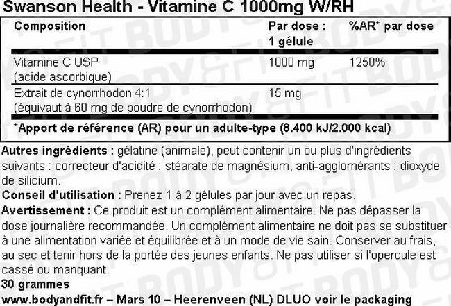 Vitamine C 1000mg W/RH Nutritional Information 1