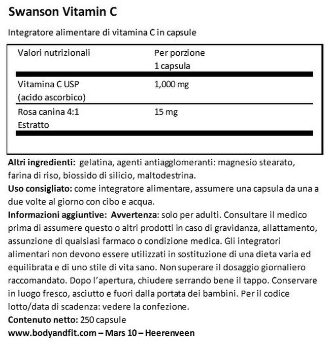 Vitamina C 1000 mg W/Rh Nutritional Information 1
