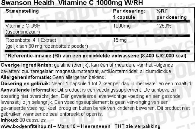 Vitamine C 1000mg W/RH Nutritional Information 1
