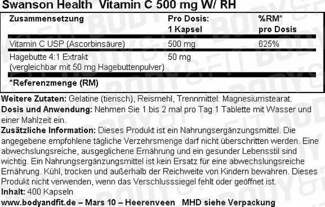 Vitamine C 500mg W/RH Nutritional Information 1
