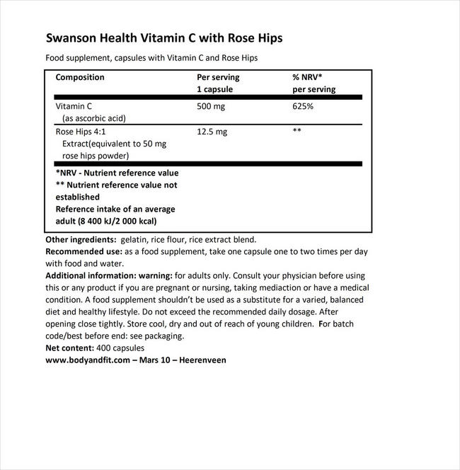 Vitamin C 500mg W/RH Nutritional Information 1