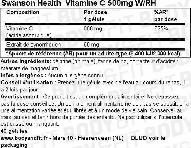 Gélules Vitamin C 500mg W/RH Nutritional Information 1