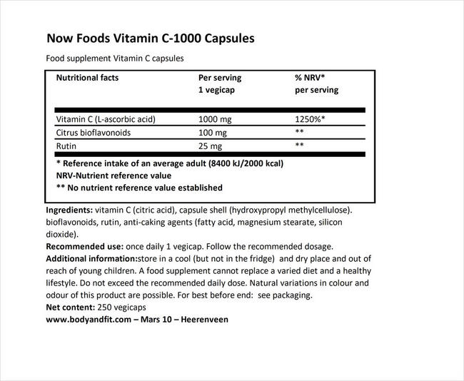 ビタミンC 1000カプセル Nutritional Information 1