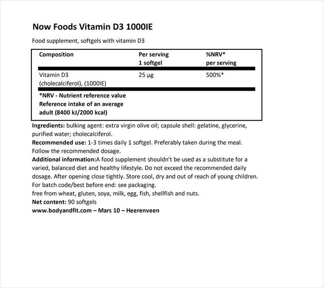 Vitamin D3 (1000 IU) Nutritional Information 1