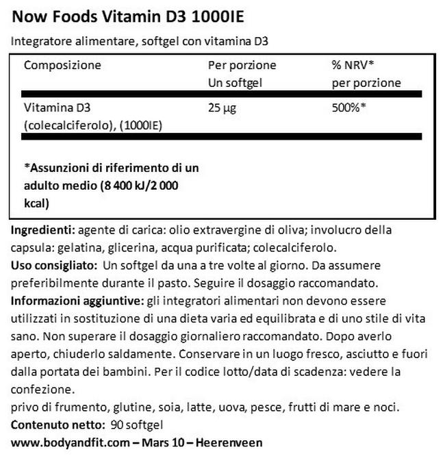 Vitamina D3 (1.000 IU) Nutritional Information 1