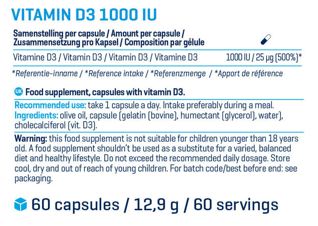 비타민 D3 - 1000IU Nutritional Information 1