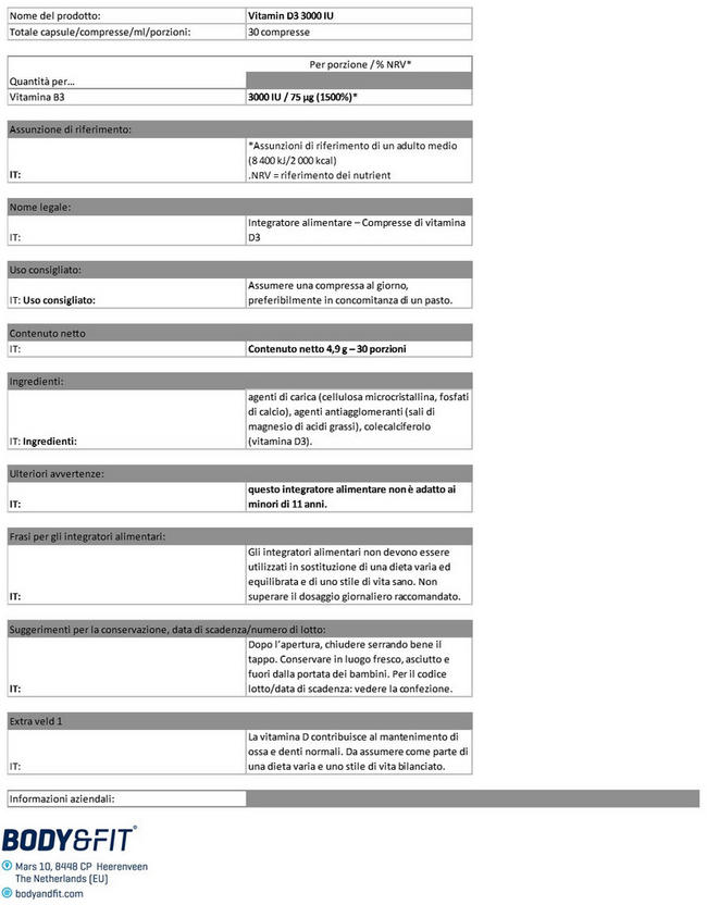 Vitamina D3 - 3.000 IU Nutritional Information 1