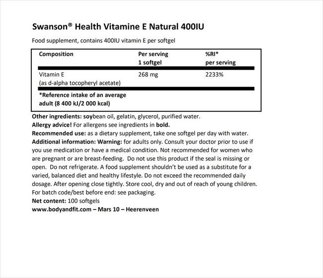 ビタミンE ナチュラル400IU Nutritional Information 1
