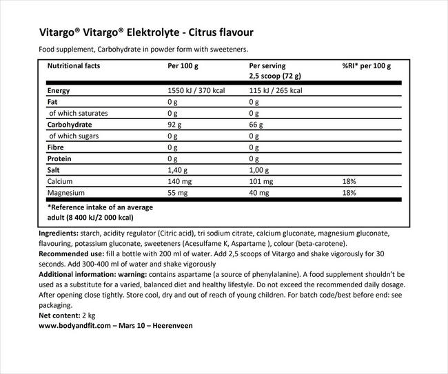 Vitargo Electrolyte  Nutritional Information 1