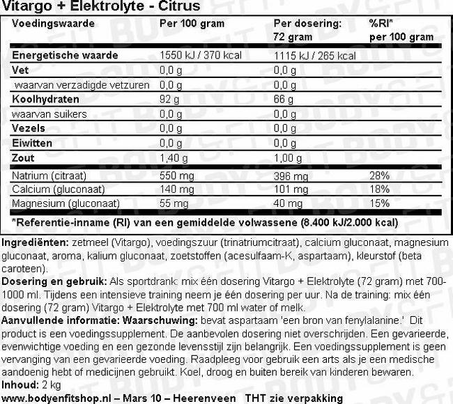Vitargo Elektrolyte Nutritional Information 1