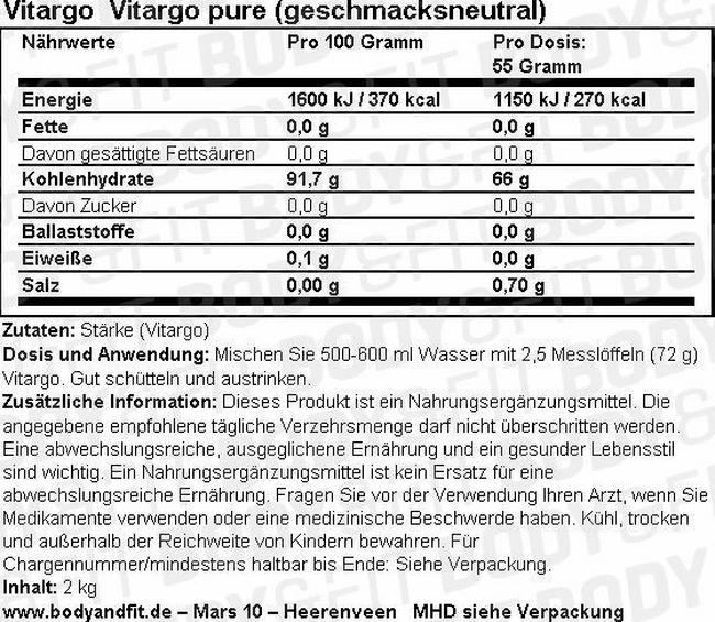 Vitargo Pure (geschmacksneutral) Nutritional Information 1