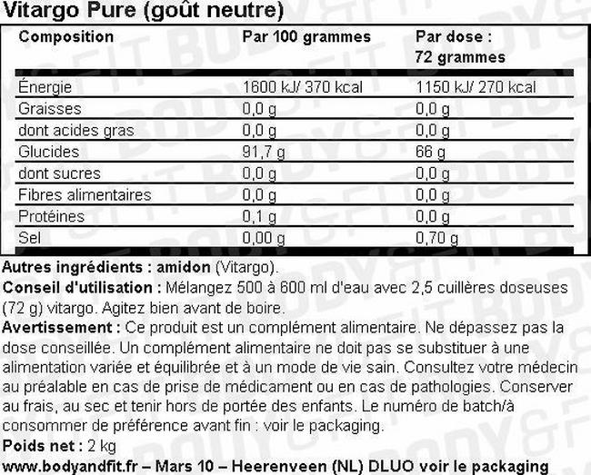 Poudre Vitargo Pure (non aromatisée) Nutritional Information 1