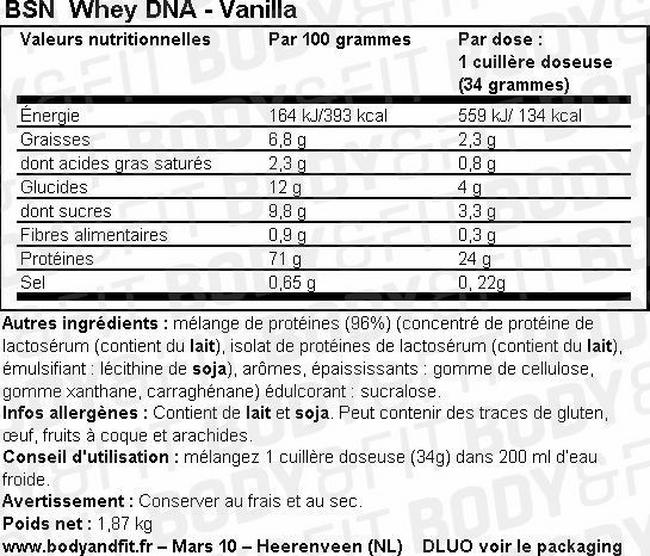 Whey DNA Nutritional Information 1