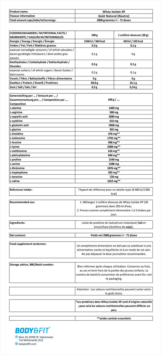 Whey Isolate XP Nutritional Information 1