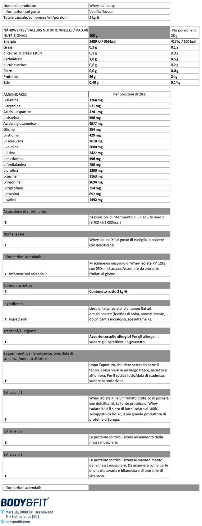 Whey Isolate XP Nutritional Information 1