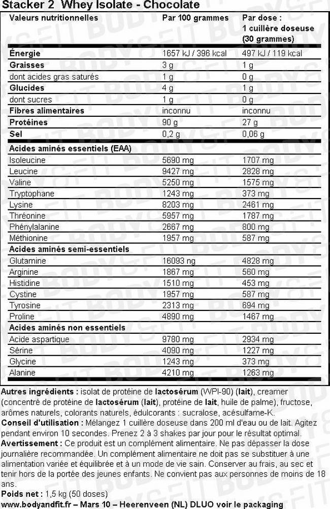 Isolat de protéines de lactosérum Whey Isolate Nutritional Information 1