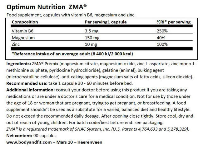 ZMA Nutritional Information 1