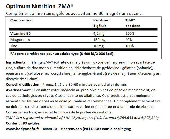 ZMA Nutritional Information 1